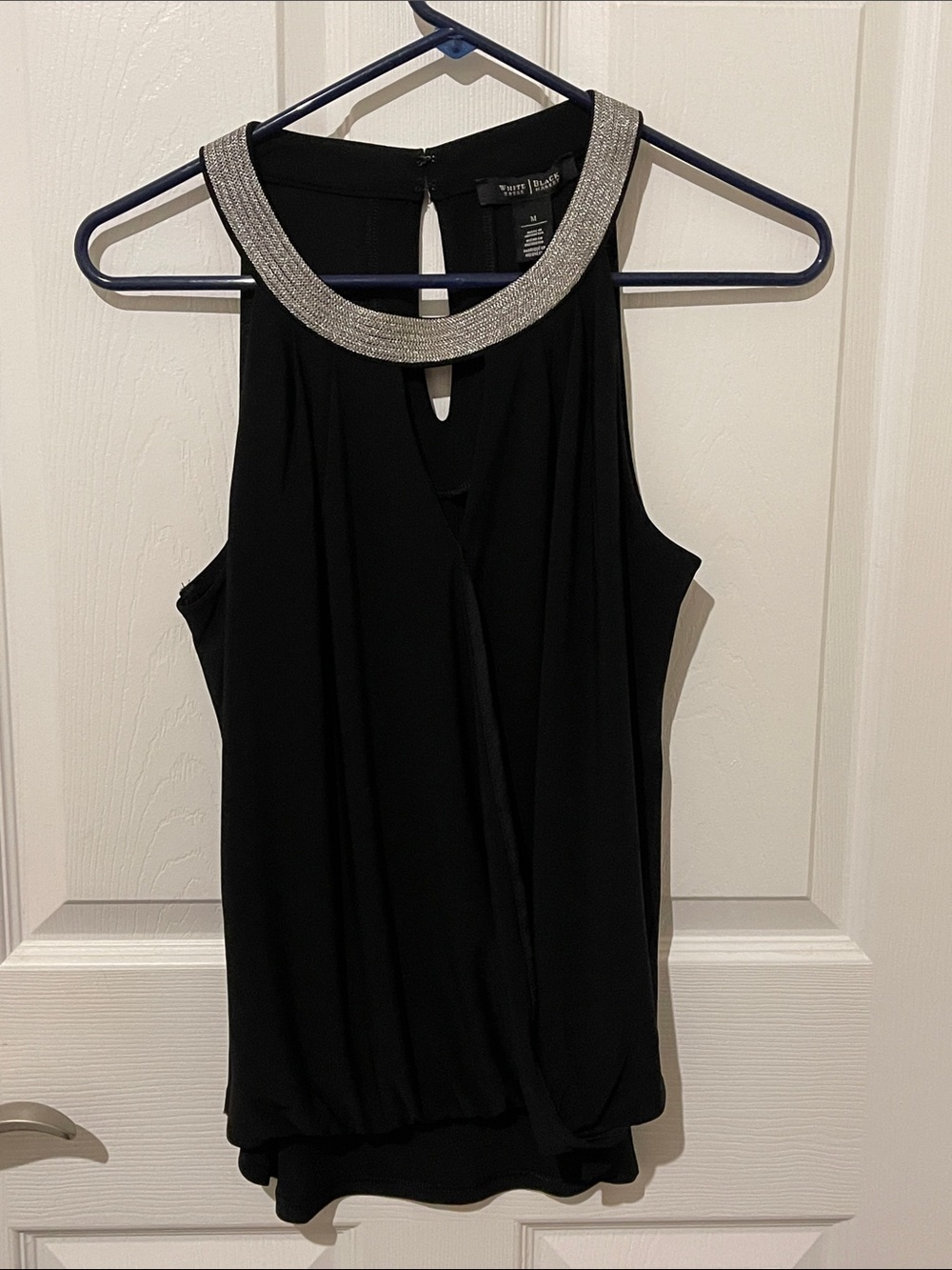 White House Black Market Black Sleeveless Cami with Silver Beaded Collar